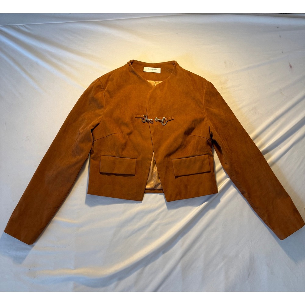 Commense Womens Faux Suede Cropped Jacket Brown Horsebit Toggle Size M